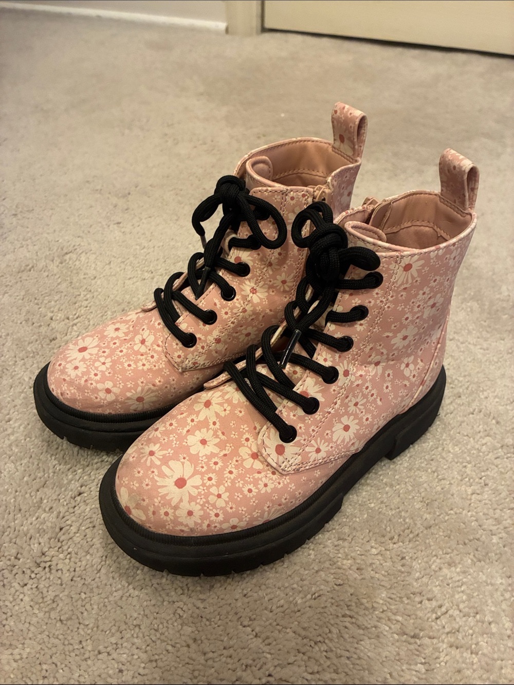 art class Pink Floral Lace-Up Combat Boots with Black Laces